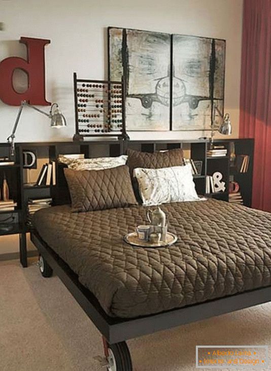 Незвичайний дизайн спальні зі стильними полицями
