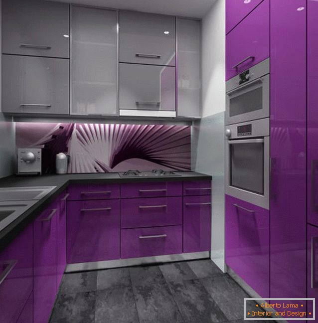 Вишукане оформлення невеликої фіолетовою кухні