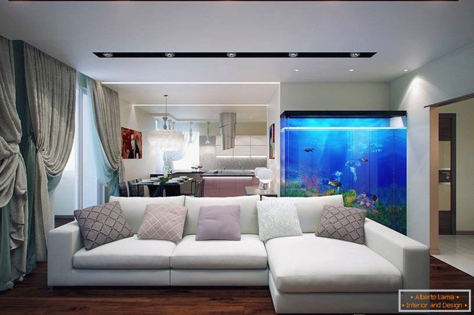 Красивий інтер'єр вітальні з акваріумом