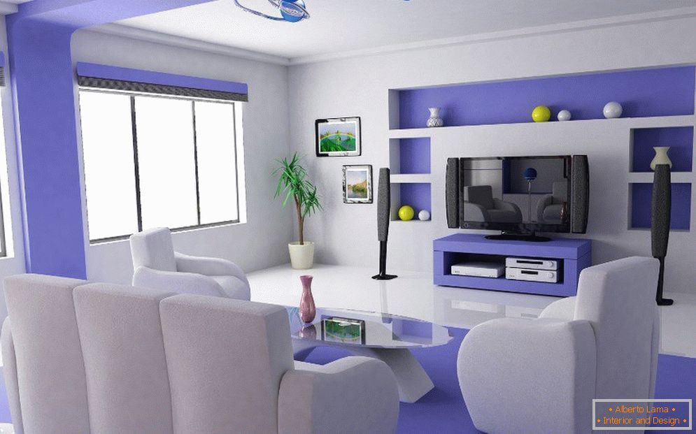 Фіолетовий інтер'єр з білими меблями