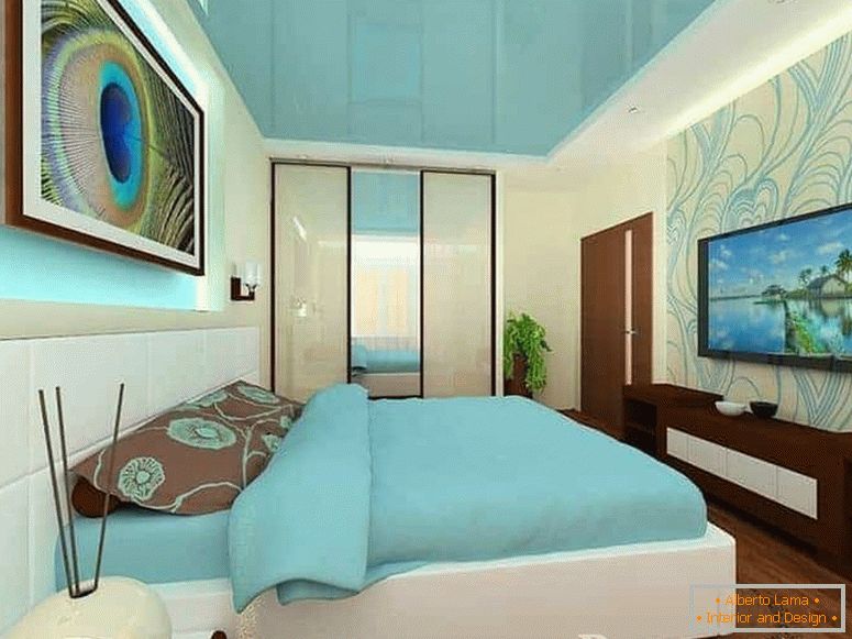 Витягнута спальня з глянцевим стелею бірюзового кольору