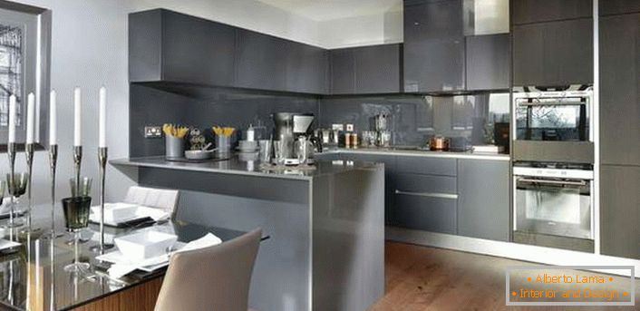 Стиль мінімалізм в інтер'єрі великої кухні. Робоча зона позначена сірим.