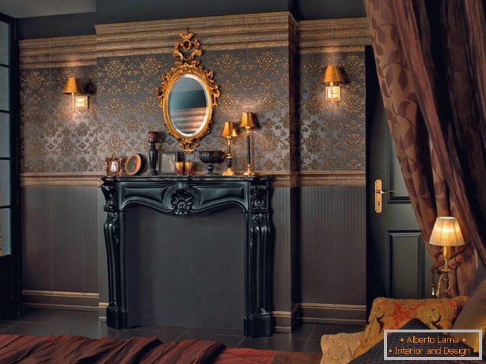 Темно-коричневі шпалери для спальні в стилі бароко. Панно на всю стіну прикрашено симетричними золотими узорами.