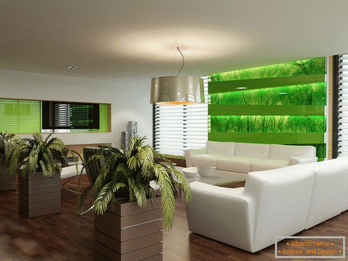 Екологічний стиль в інтер'єрі вітальні допомагає власникам квартири і її гостям відволіктися від міської суєти.