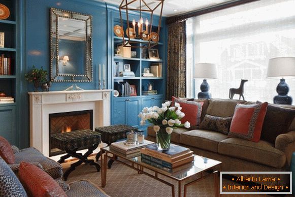 Меблі і декор кольору індиго в дизайні вітальні