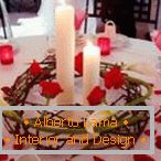 Прикраса столу свічками і пелюстками троянд