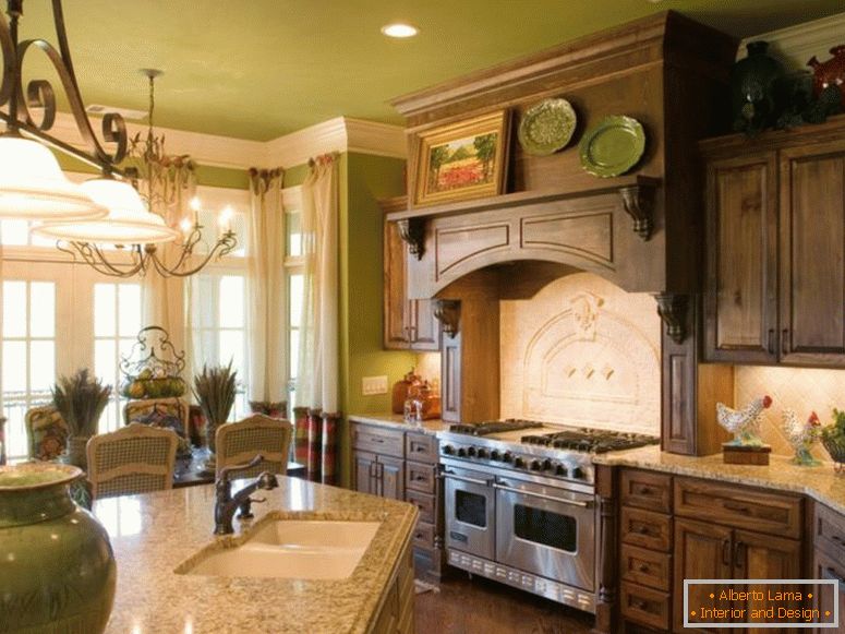 дивовижна французька кухня-інтер'єр-домашній дизайн-з-коричневим-дерев'яним-кухня-кабінет-шик-ідей-на-стіні-і-крем-мармур-п'єдестал на столі-також- крем-тканина-завіса-на-вікні-з-французькою