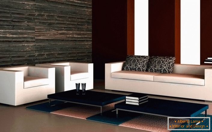 Дизайнерський проект вітальні в стилі хай тек. Лаконічний диван з двома кріслами гармонійно виглядає в мінімалістичному стилі. 
