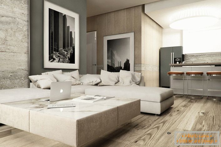 Стриманий дизайн дивана в хай тек стилі примітний безліччю однакових подушок такого ж кольору, як і оббивка. 