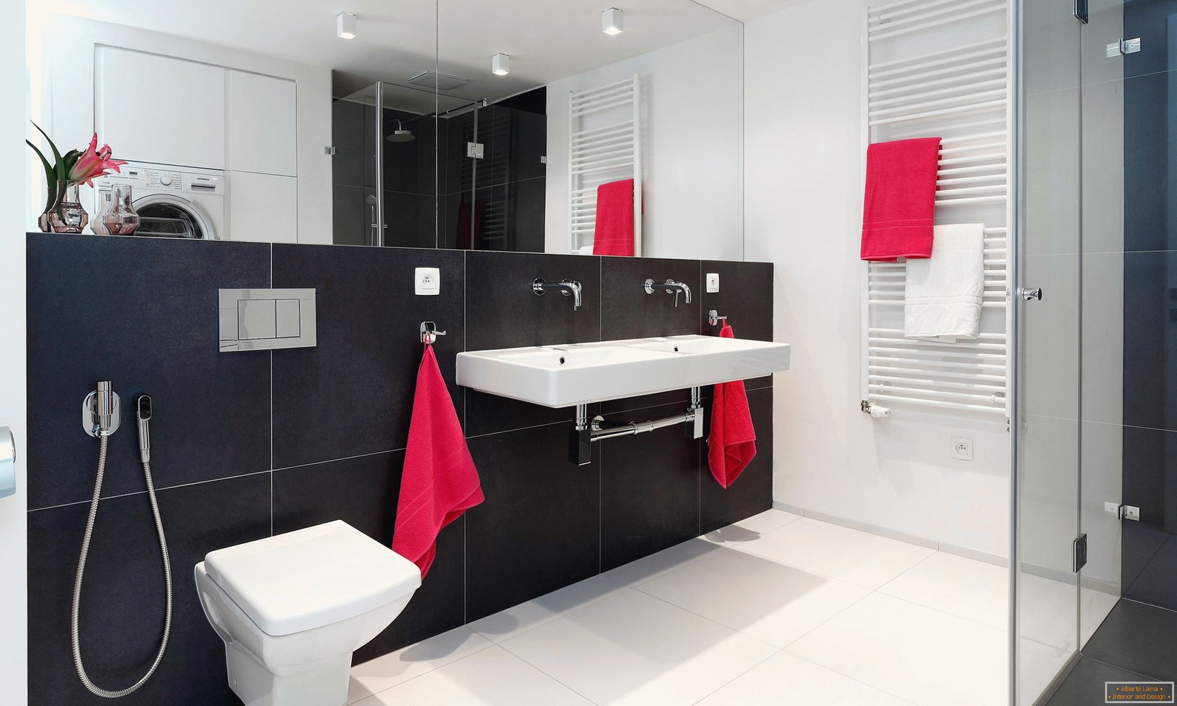 Червоний, білий і чорний в дизайні ванної