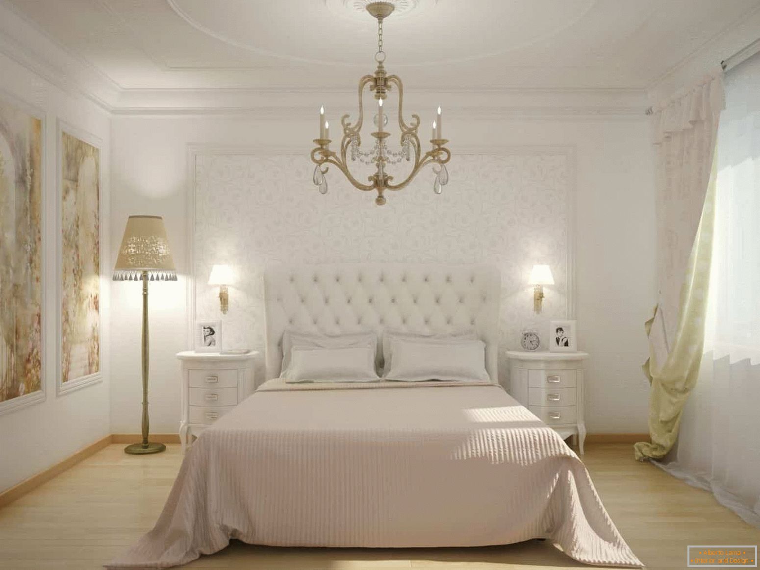 Класична біла спальня з панно на стіні