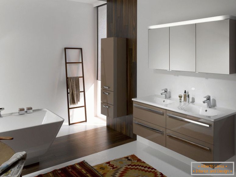 привабливі сучасні ванни-дизайн-ідеї-аксесуари-інтер'єр-з-коричневі-плаваючі-марнославство-шафи-по-двох-білий-умивальник-також-хром-кран-плюс настінний-прямокутник-дзеркало-також- біла-вільна стояча-б