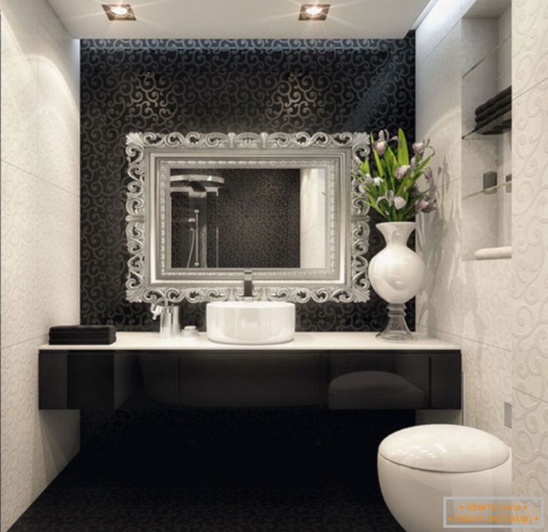 гарний-інтер'єр-дизайн-з невеликої кімнати-з-чорної та білої ванної кімнати-декоративні лампи