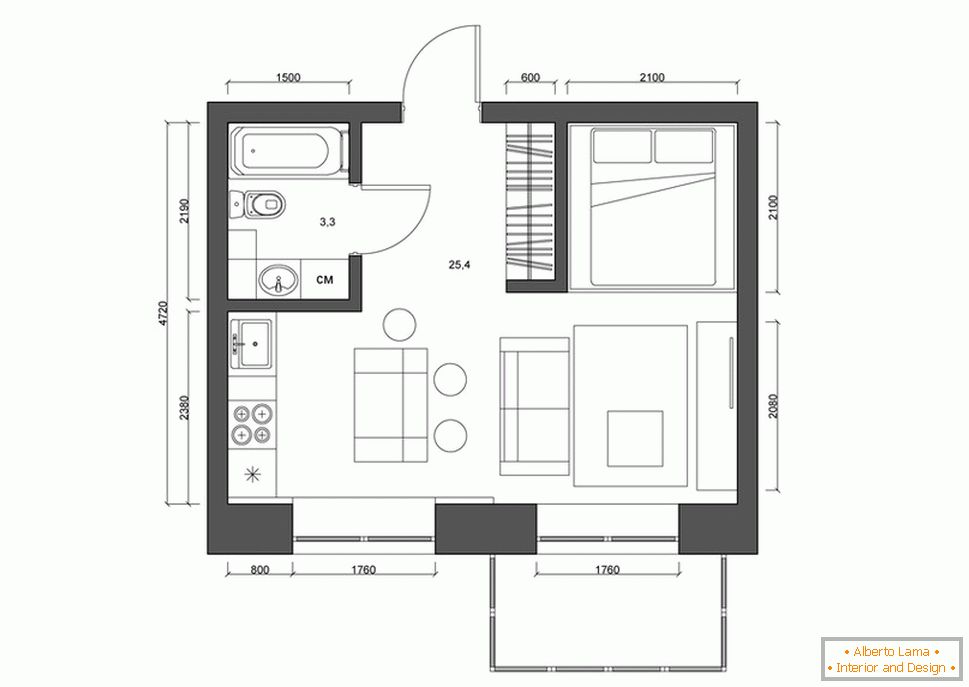 Планування квартири 30 кв. м в чорно-білому кольорі