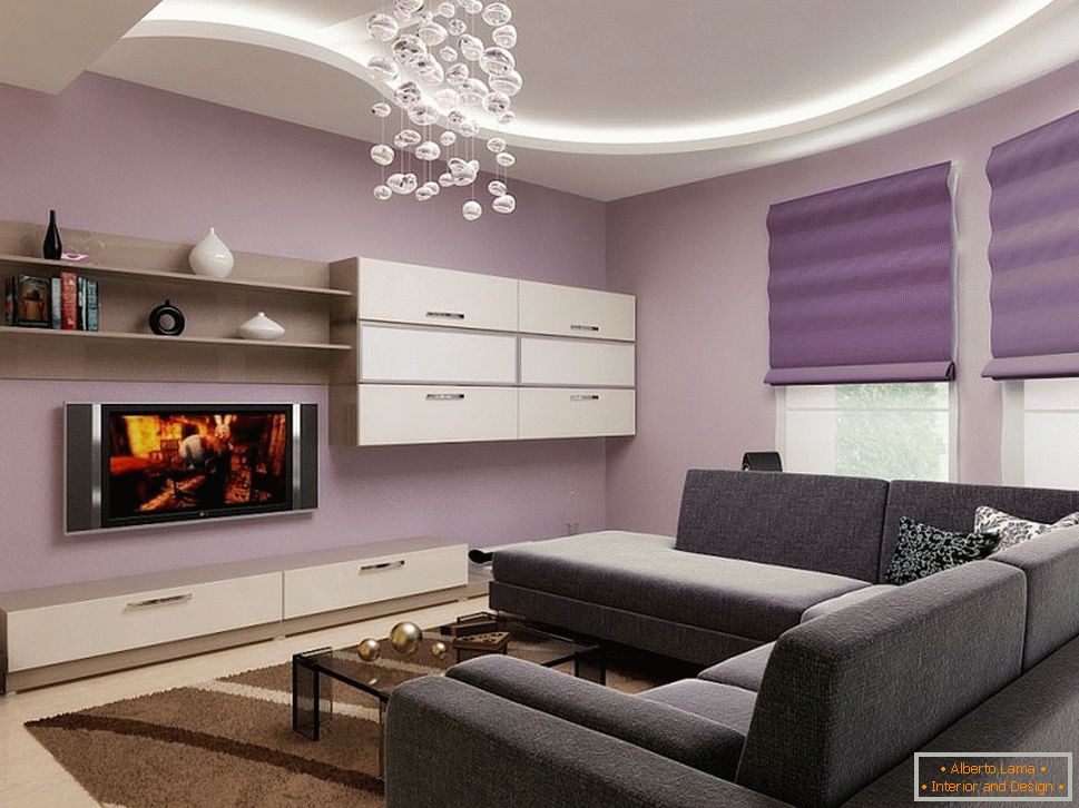Фіолетовий і чорний в дизайні вітальні