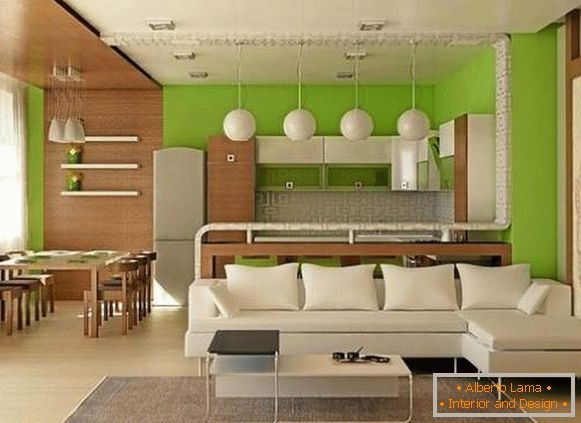 Дизайн проект квартири студії 25 кв м в білому, зеленому і коричневому тонах