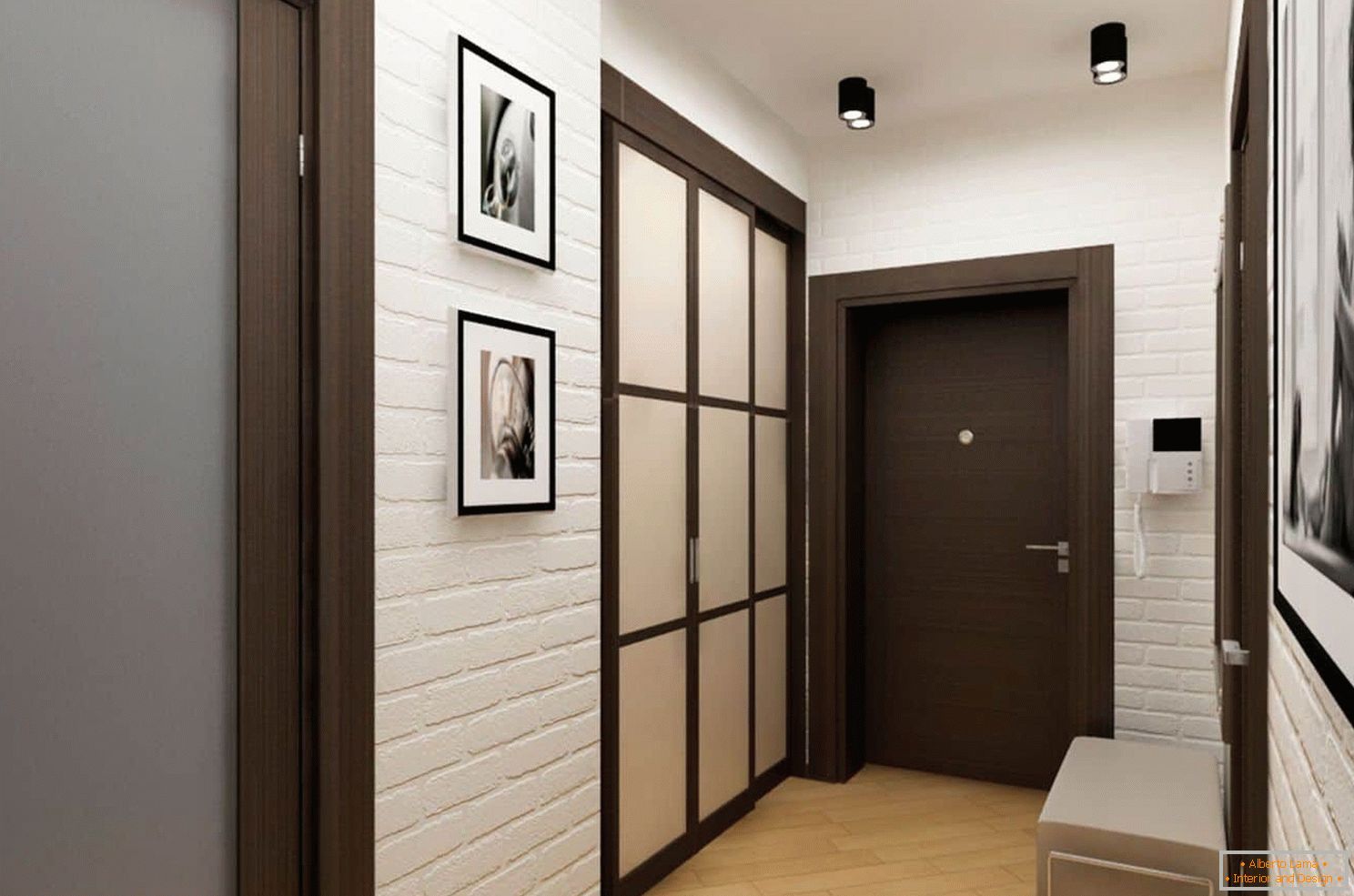 Дизайн інтер'єру маленького коридору з шафою і пуфиком