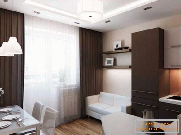 Дизайн маленької однокімнатної квартири: кухня в залі і окрема спальня