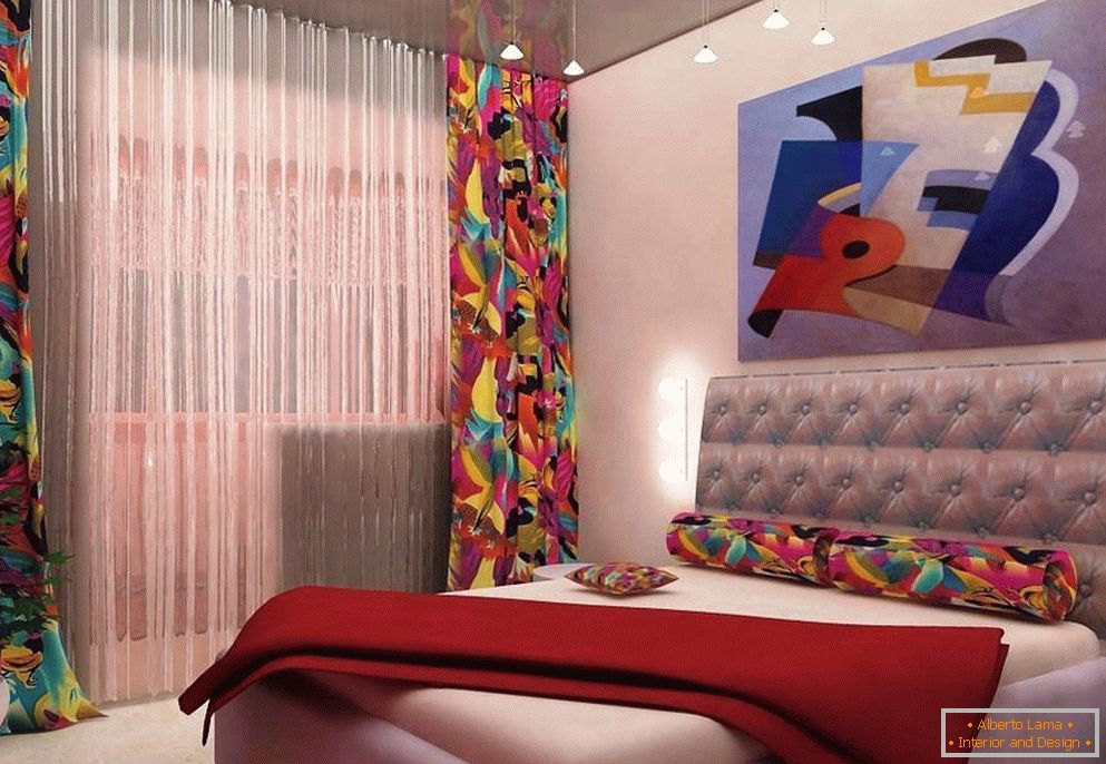 Поєднання текстилю та картини в спальні