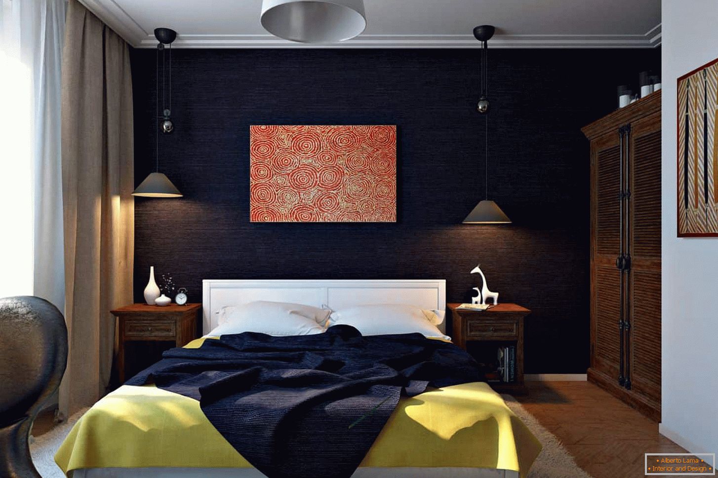 Баклажанний колір в обробці стін спальні