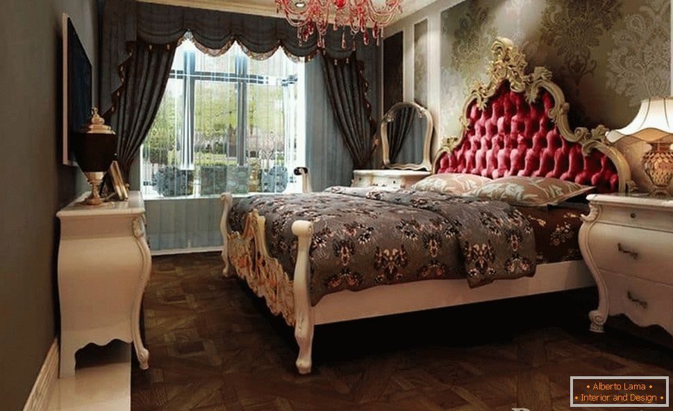 Оздоблення стін тканинами і масивні штори добре підходять для класичного стилю спальні