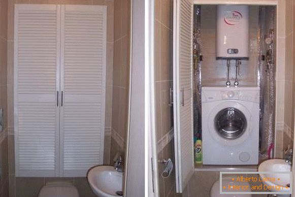 Дизайн туалету з пральною машиною - фото шафки над унітазом