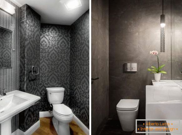 Дизайн туалету маленького розміру - фото з чорними шпалерами
