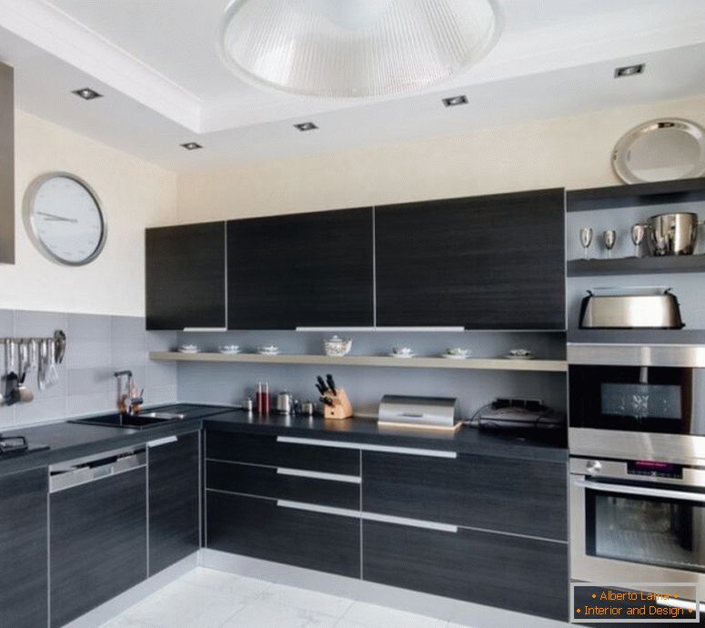 кухонний куток-мийка-і-мікрохвильова піч-ідея-подвиг-сучасна-чорна кухня-шафи-дизайн