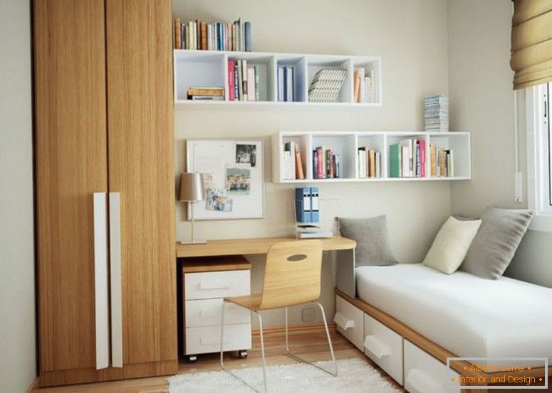 мінімалістський-крихітна квартира-дизайн-з-коричневим дерев'яним шаф біля стільниці і біло-дерев'яної плаваючої книжкової полиці, прикріпленої до білої стіни, також-коричневий-дерев'яний-односпальне- рамка-біла-дерев'яна-3-ковзання-др