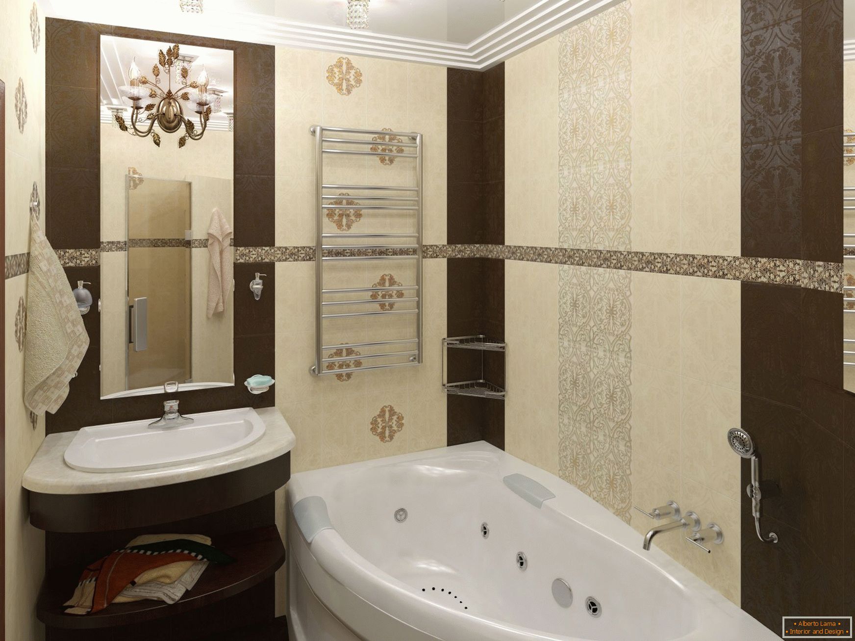 Дизайн вузької ванної кімнати в бежево-шоколадних тонах
