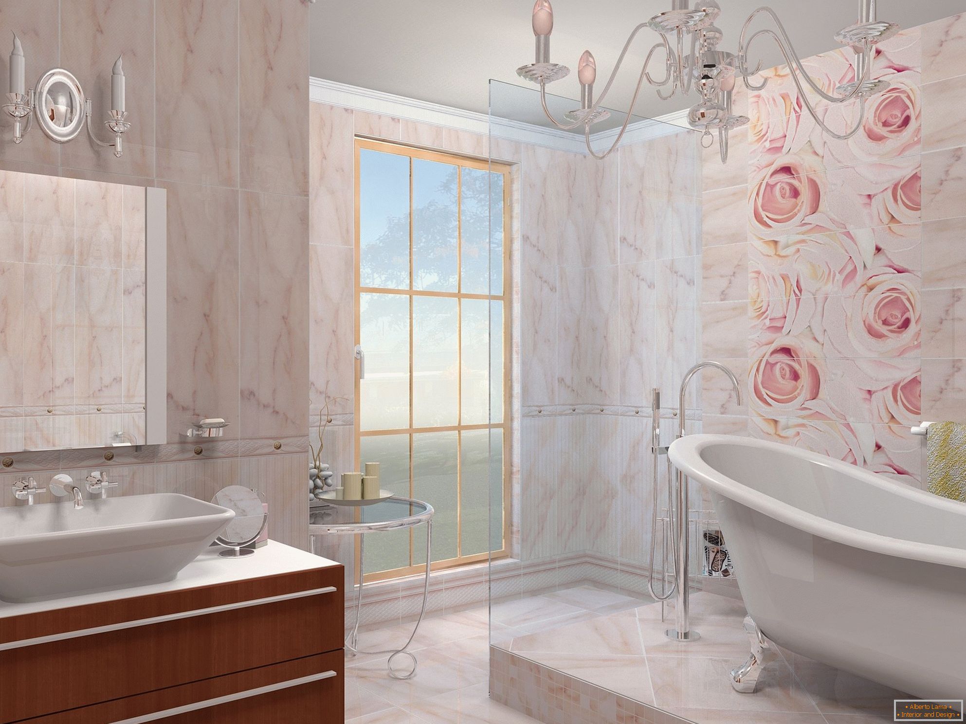 Поєднання бежевого і рожевого в дизайні ванної