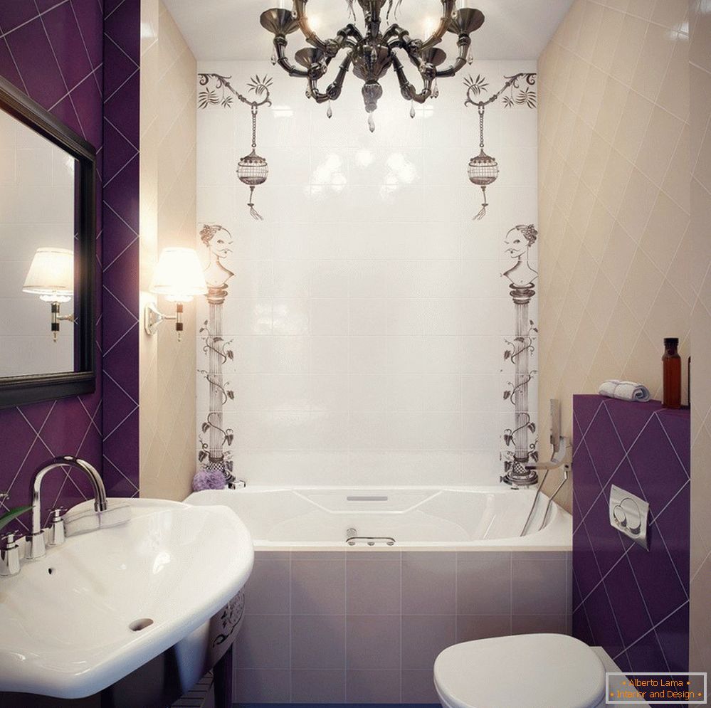 Оздоблення вузької ванної кімнати фіолетовою плиткою