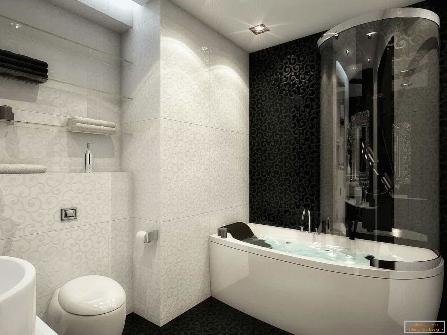 Поєднання білої і чорної плитки у ванній кімнаті