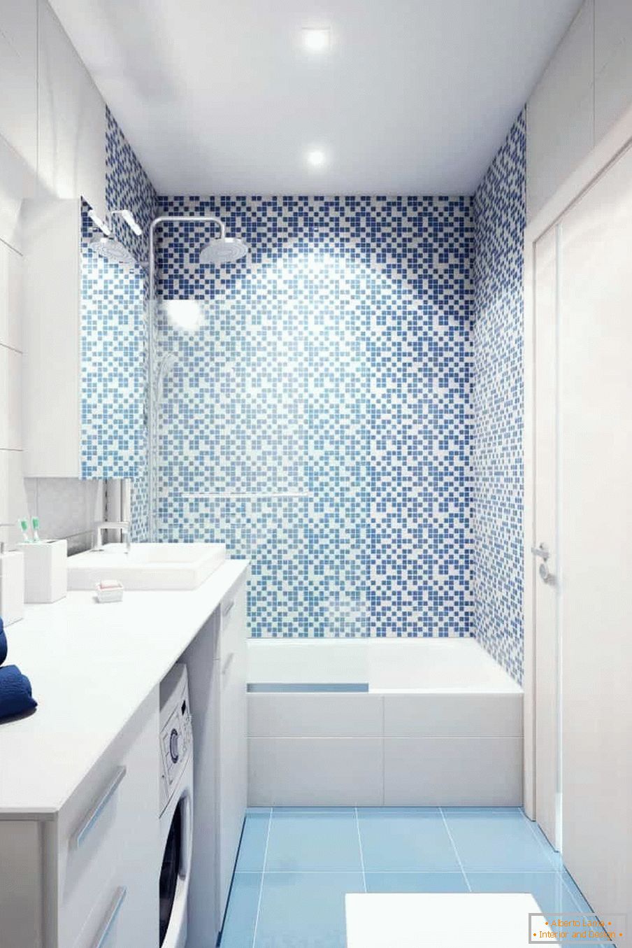 Біло-блакитна ванна кімната в панельному будинку