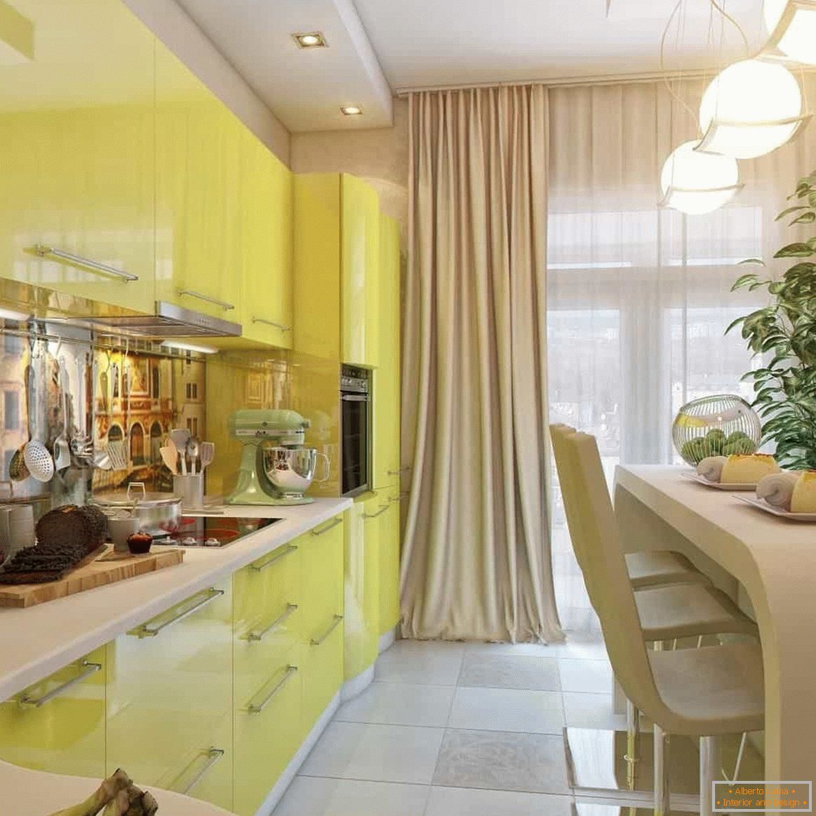 Кутова витягнута жовта кухня з оригінальним столом