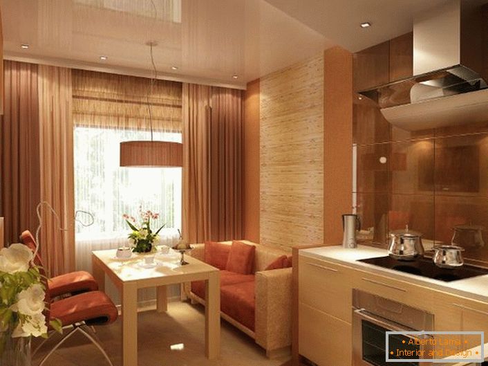 Шикарна кухня для невеликої квартири в стилі модерн. 12 квадратів також можуть бути просторими і світлими.