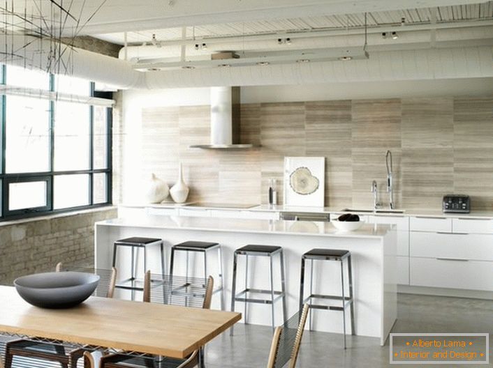 Правильний варіант зонування кухонного простору в стилі лофт. Простота, скромність, функціональність і практичність - стиль для справжньої господині.