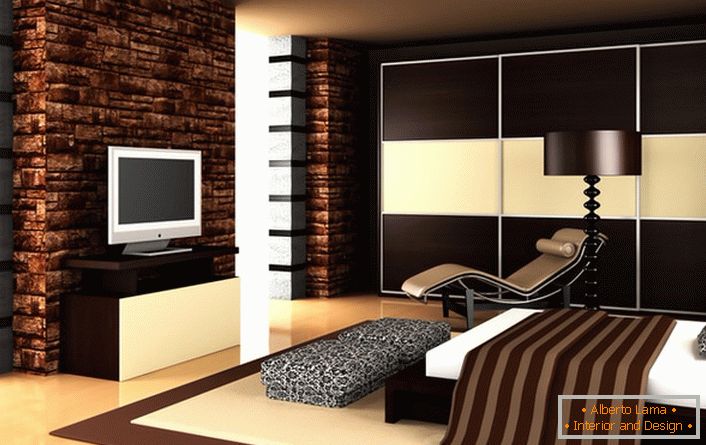 Дизайнерський проект втілений з використанням меблів кольору венге, який також переважає в обробці стін.