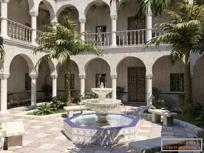 Краща прикраса для внутрішнього двору в середземноморському стилі - фонтан. Стильний, багатоярусний фонтан невеликих габаритів в зоні відпочинку.