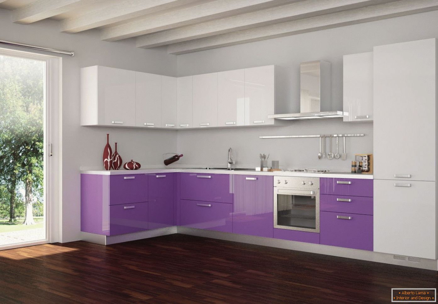 Фіолетовий і білий в дизайні кухні