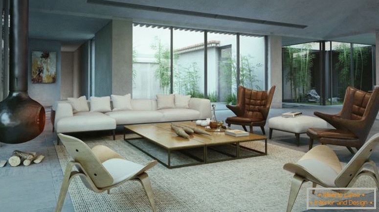 Сучасний стиль - диван з дерев'яним кавовим столиком - також-коричневий-крила стілець-також-камін