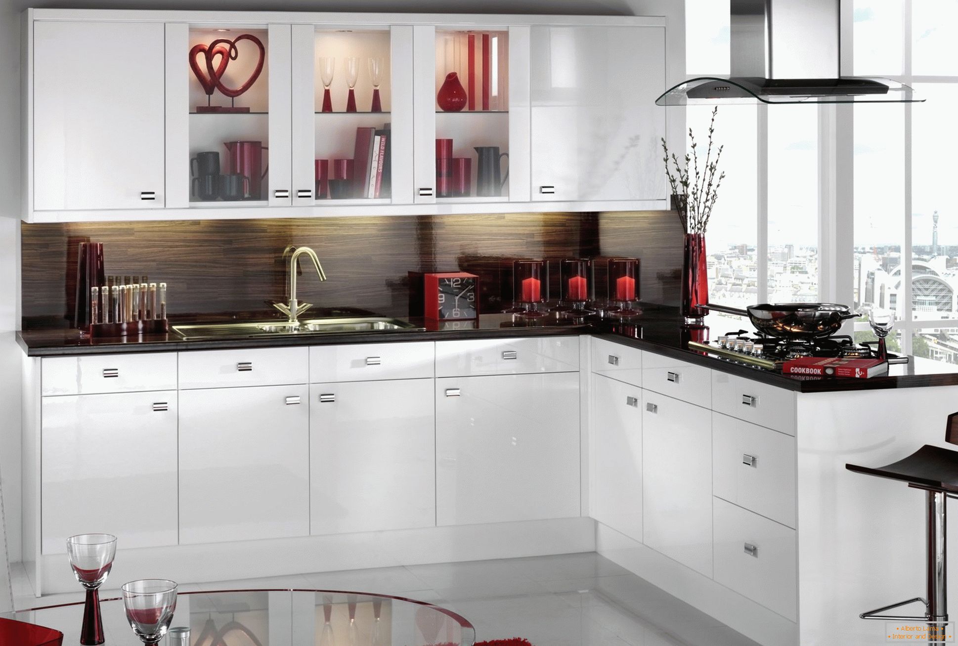 Чорний і червоний в дизайні білої кухні