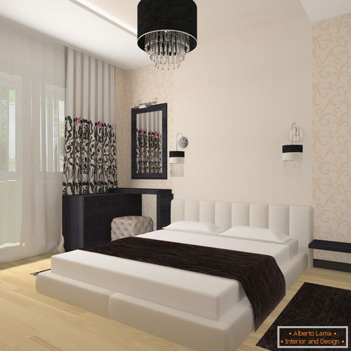 Відмінний приклад того, що дизайн спальні в стилі модерн не повинен бути громіздким і перевантаженим дрібницями. Простора кімната з мінімальним кількість декоративних елементів гідно виглядає в завершеному вигляді.