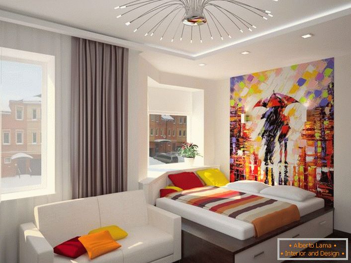 Креативне оформлення спальні в стилі модерн. Використання яскравих соковитих фарб робить кімнату по-справжньому затишною і теплою.