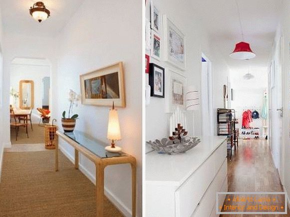 Дизайн вузького коридору в квартирі - фото столу і декору