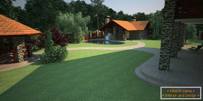 Проект двору заміського будинку складений з урахуванням висадки англійського газону. 