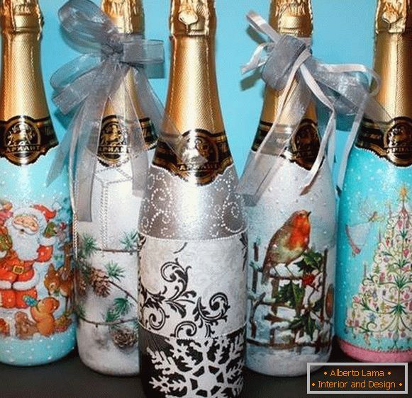 Декупаж і декор пляшки шампанського на Новий рік