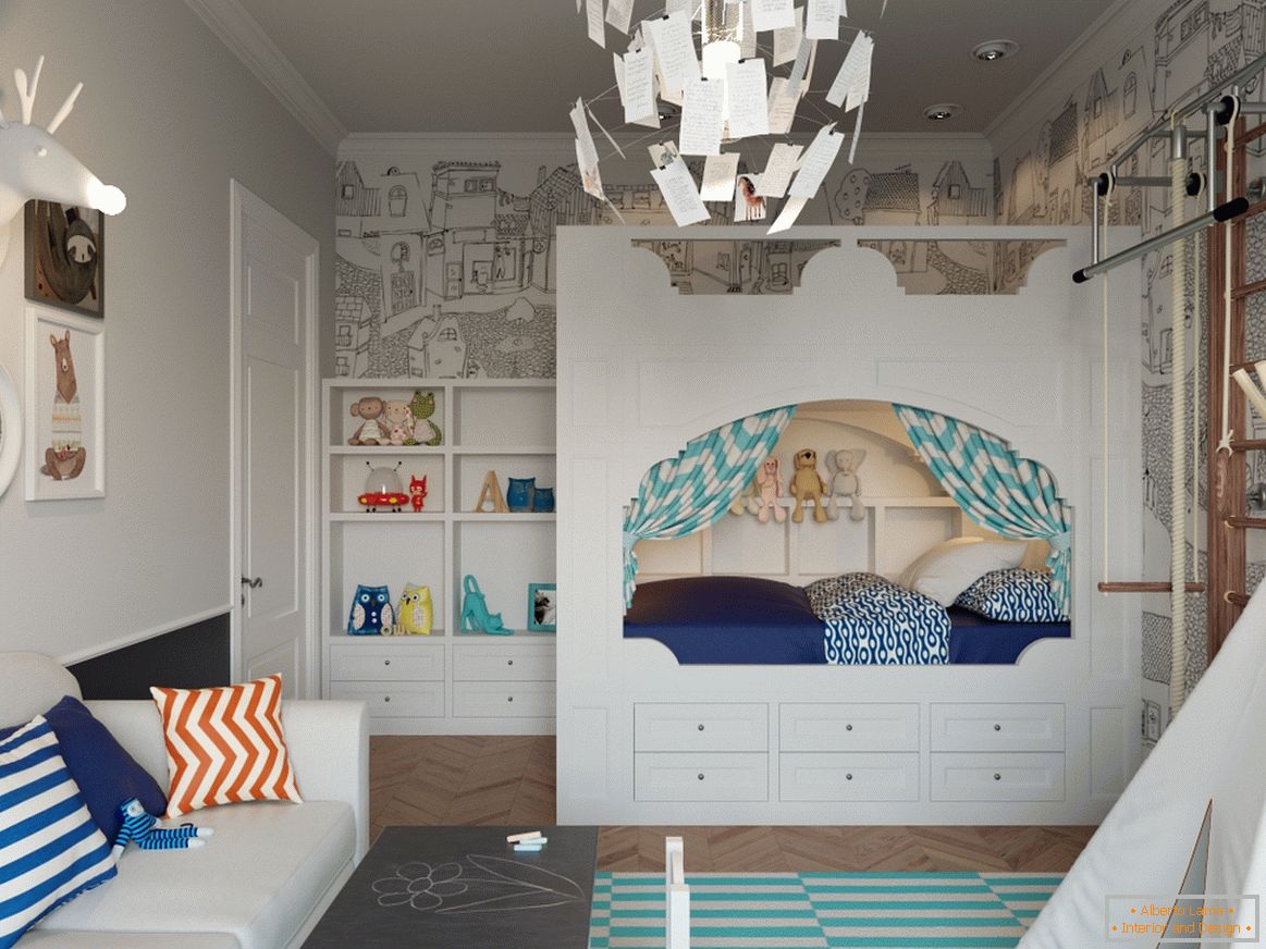 Ліжко з висувними ящиками з дерева білого кольору в дитячій