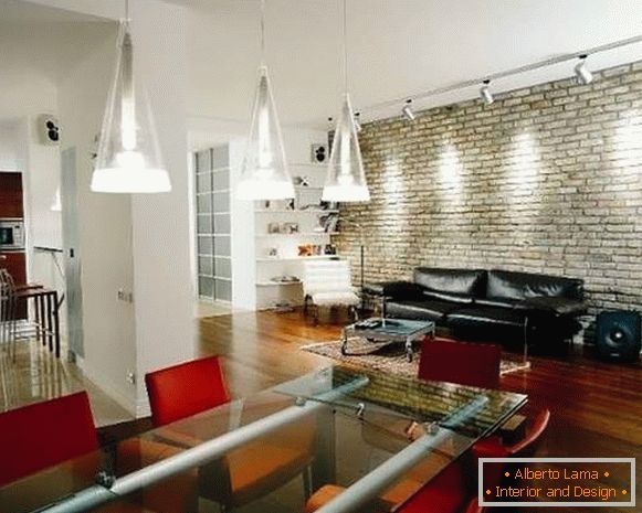 Лофт дизайн інтер'єру двокімнатної квартири - фото кухні вітальні