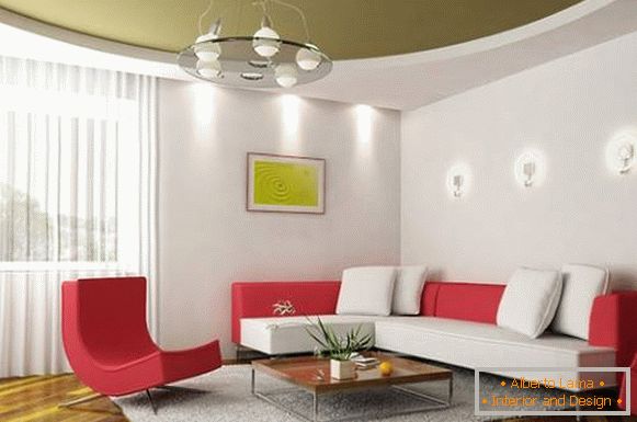 Зелений натяжна стеля в дизайні вітальні в сучасному стилі